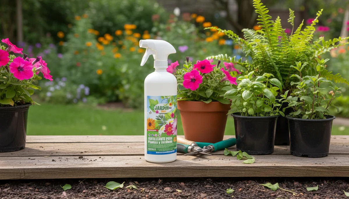 Persona cuidando un jardín exuberante con Jardín Plus 4 en 1